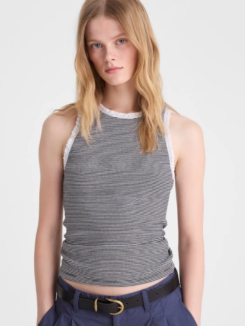NWT Madewell Black & White Striped Lace-Trim Tank Top